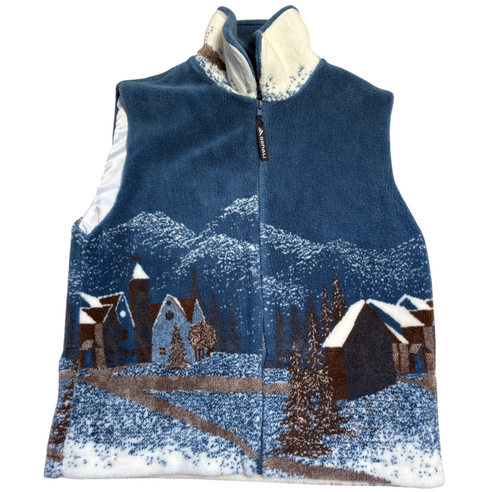 Denali VINTAGE Women Fleece Vest Blue Winter Village Mountain Scene‎ Full Zip L